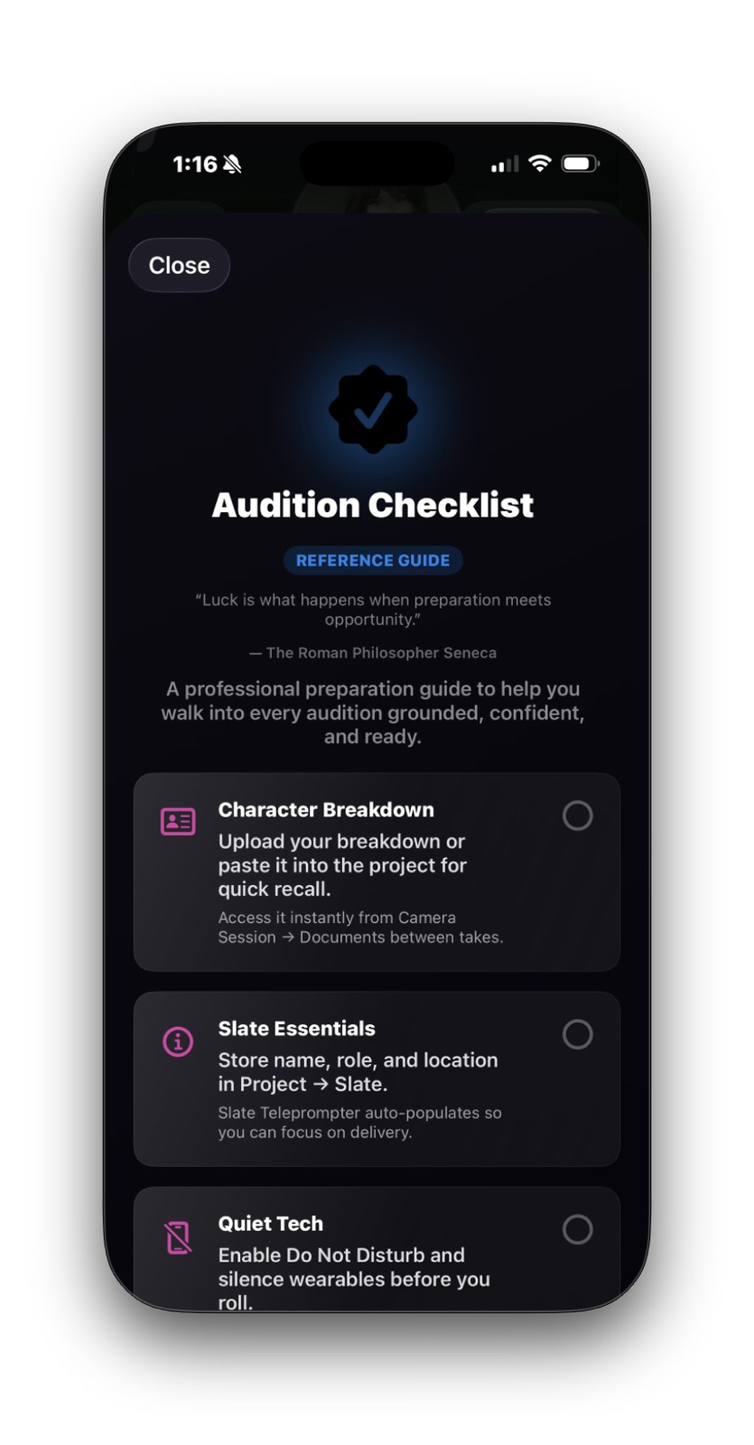 ActorKit Audition Checklist screen showing a calm preparation checklist for auditions
