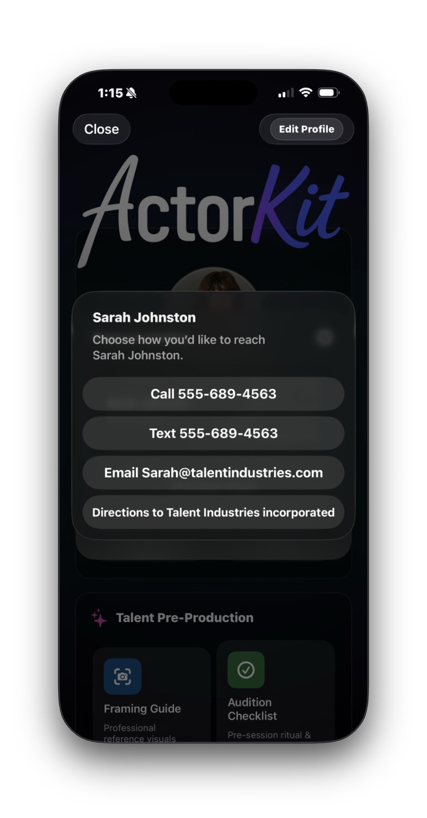 ActorKit contact pop-up showing call, text, email, and directions actions for a rep