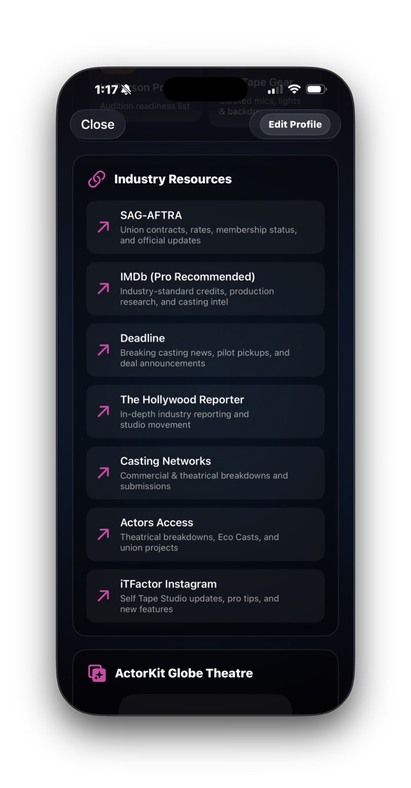 ActorKit Industry Resources section showing links such as SAG-AFTRA, IMDb, Deadline, and Actors Access