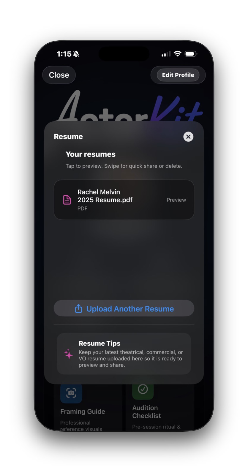 ActorKit resume sheet showing an uploaded PDF with preview and upload controls