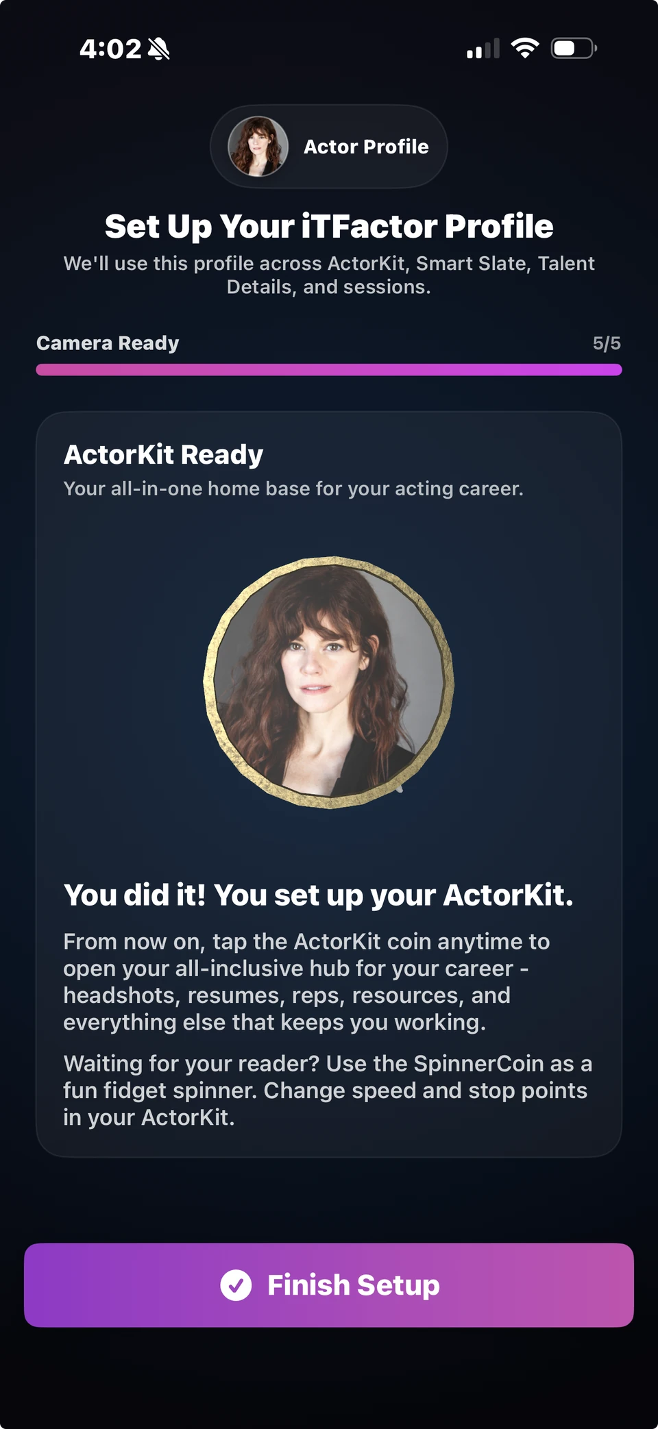iT Factor Camera Ready finish screen confirming ActorKit setup is complete