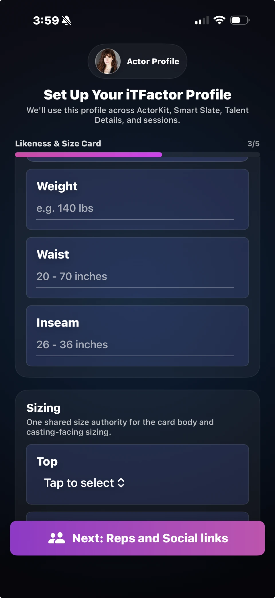 iT Factor Likeness and Size Card screen showing measurements and sizing options