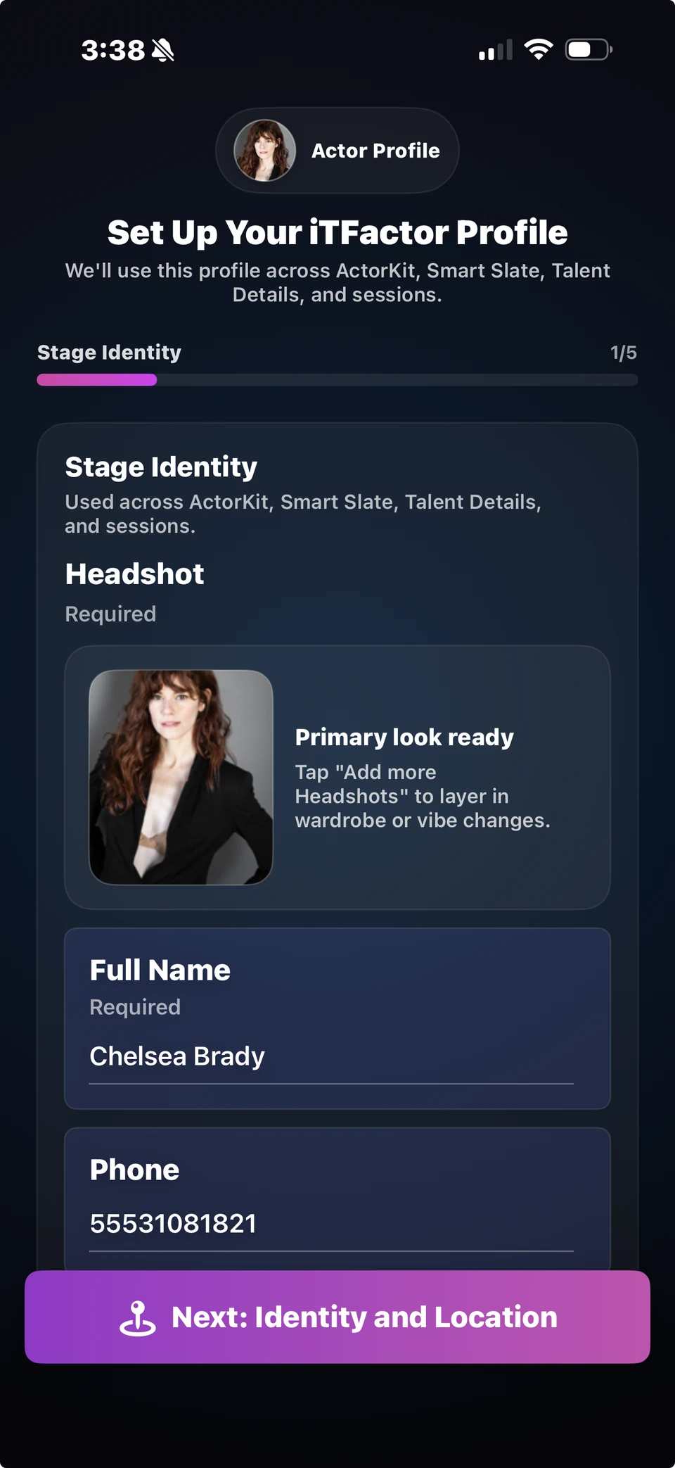 iT Factor Actor Profile Wizard stage identity step showing headshot and full name fields