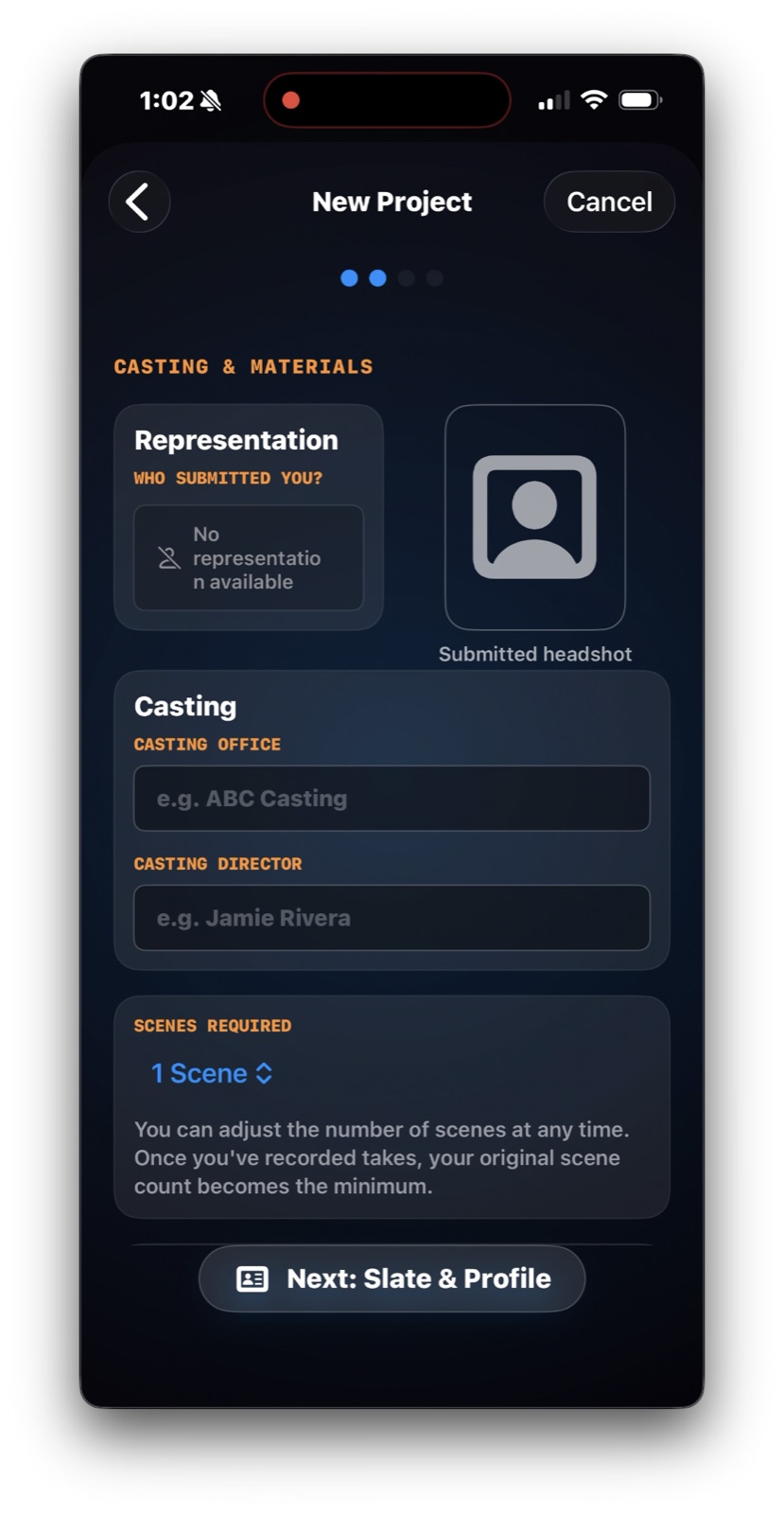 iT Factor New Project Wizard showing representation, submitted headshot, casting details, and scenes on the Casting and Materials step