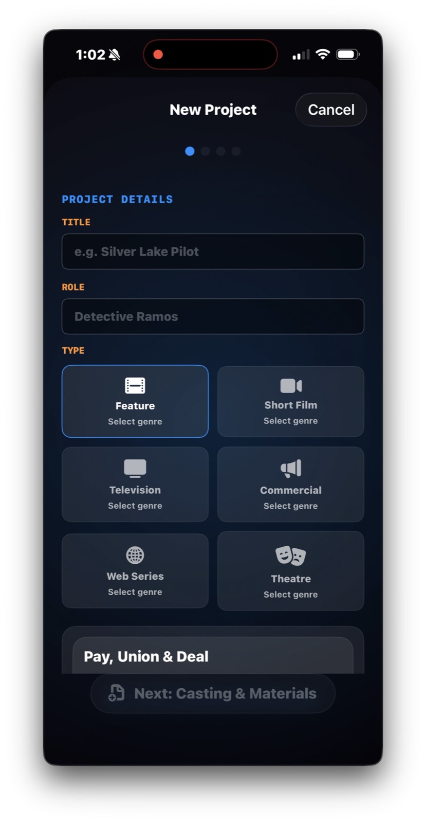 iT Factor New Project Wizard showing title, role, and project type on the Project Details step