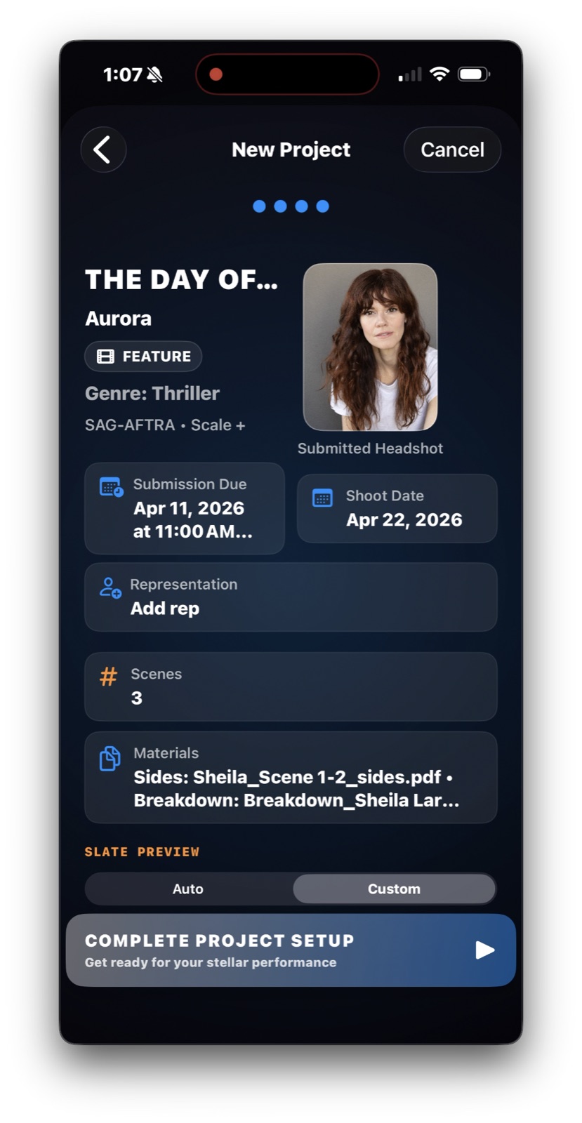 iT Factor New Project Wizard review screen summarizing title, role, schedule, scenes, materials, and slate preview before completion
