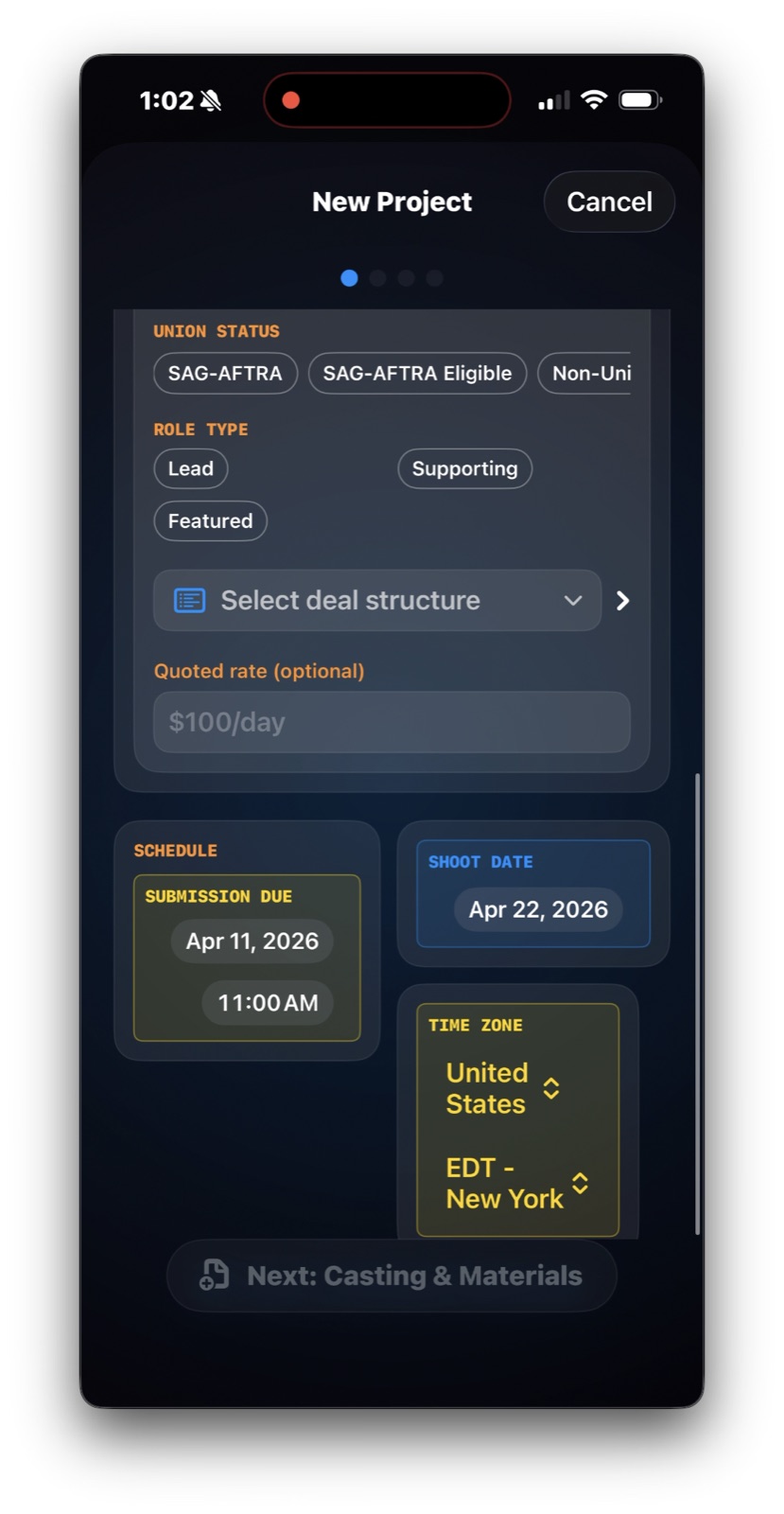 iT Factor New Project Wizard showing pay, submission due date, shoot date, and time zone on the same Project Details step