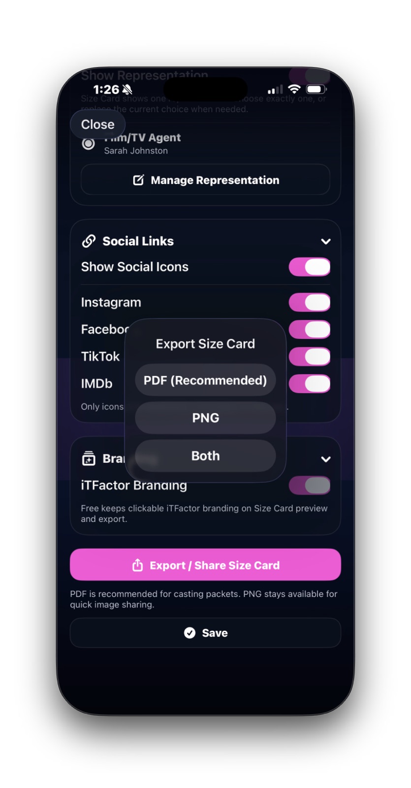 Size Card Creator export menu showing PDF, PNG, and Both options