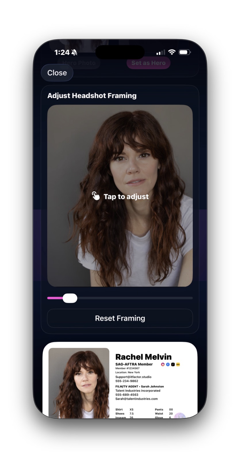 Size Card Creator showing the headshot framing controls above a live size card preview