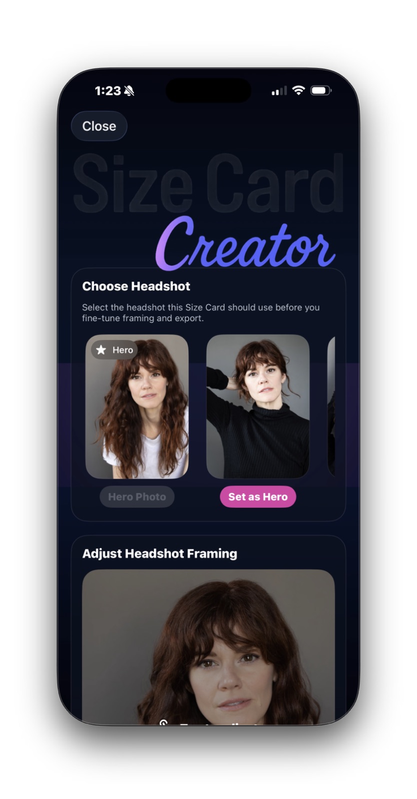 Size Card Creator showing headshot selection and the beginning of the framing section