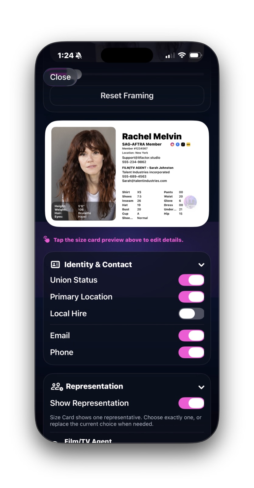 Size Card Creator showing the live preview and identity and contact toggles