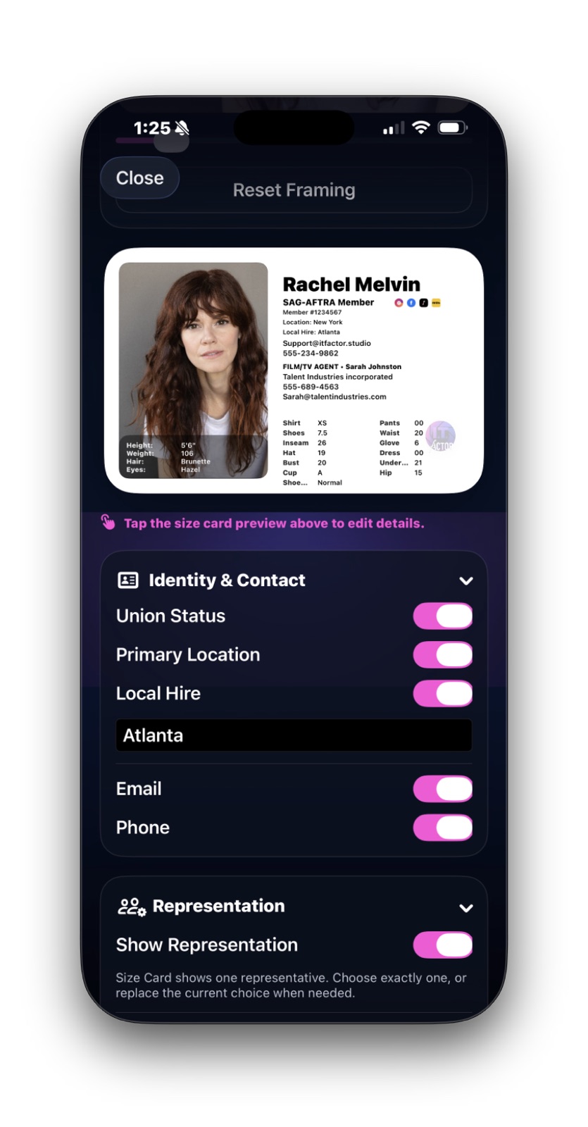 Size Card Creator showing the local hire override field turned on in the identity and contact section