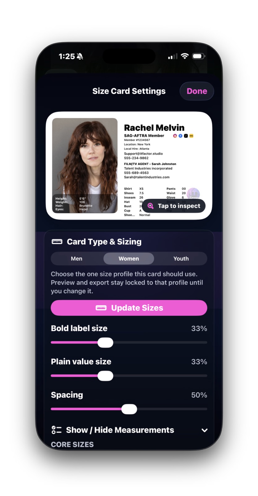 Size Card Settings screen showing preview, sizing profile, and controls for label size, value size, and spacing