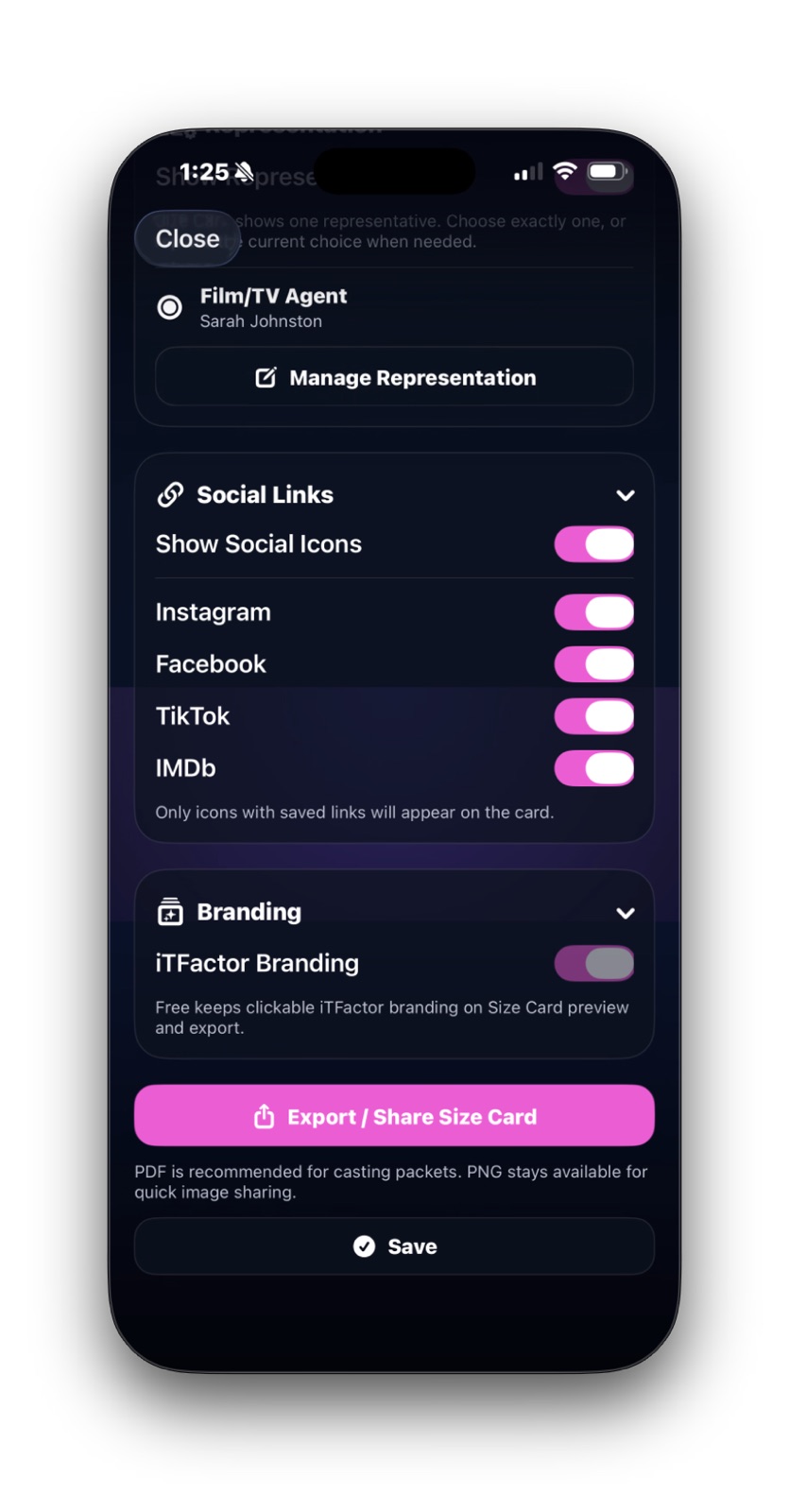 Size Card Creator showing representation, social link, branding, and share controls