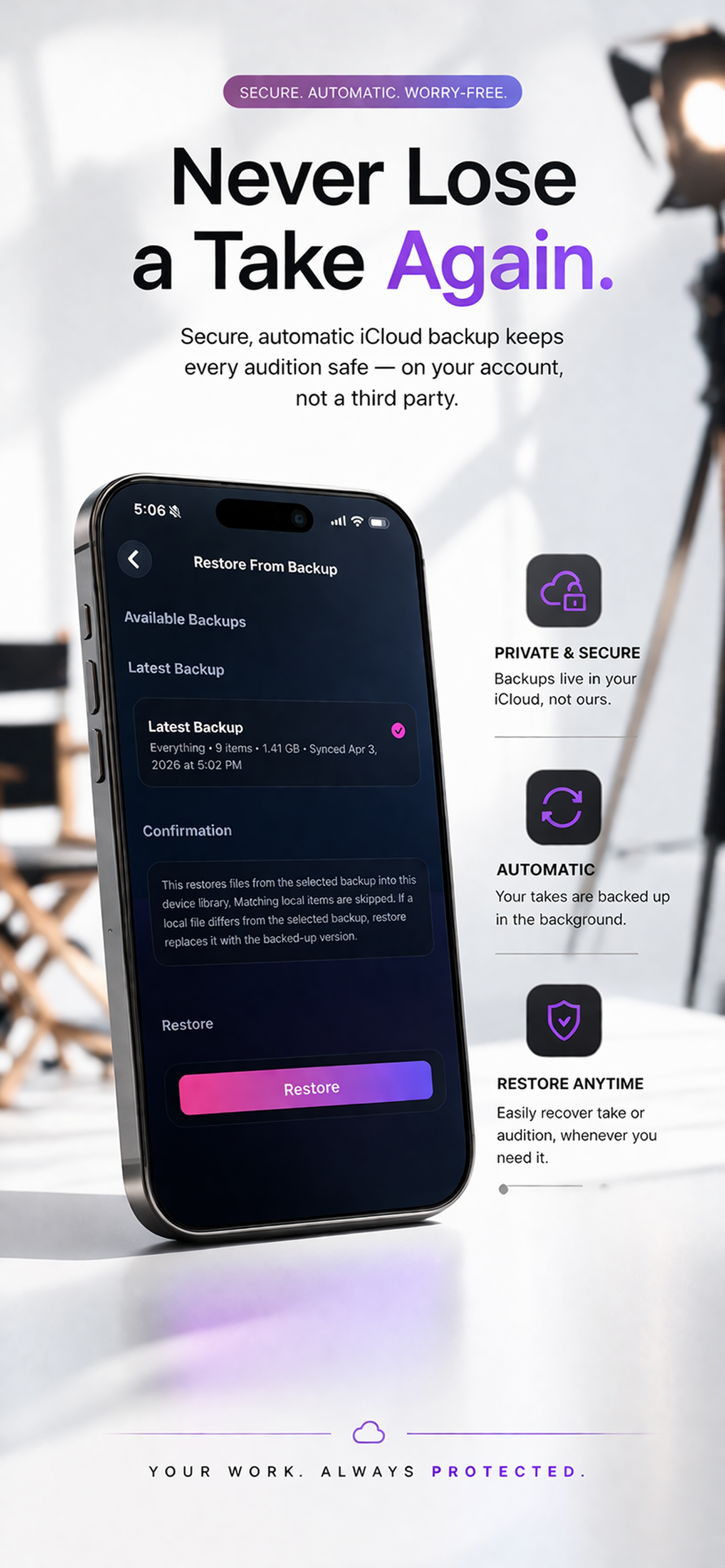 iT Factor backup and restore marketing image showing a restore-from-backup screen on iPhone