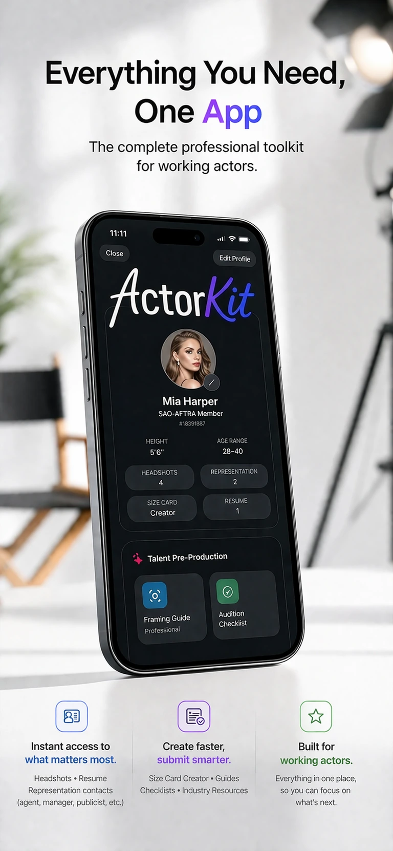 iT Factor actor toolkit dashboard showing headshots, representation, and studio tools on iPhone