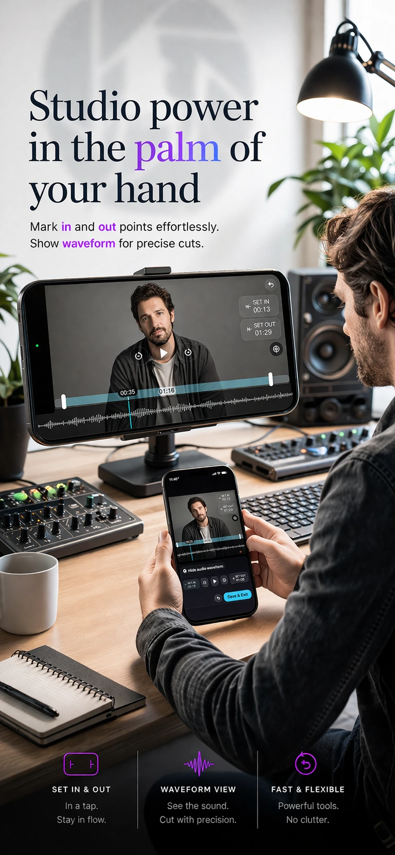Editor marketing image showing in and out point trimming and waveform editing