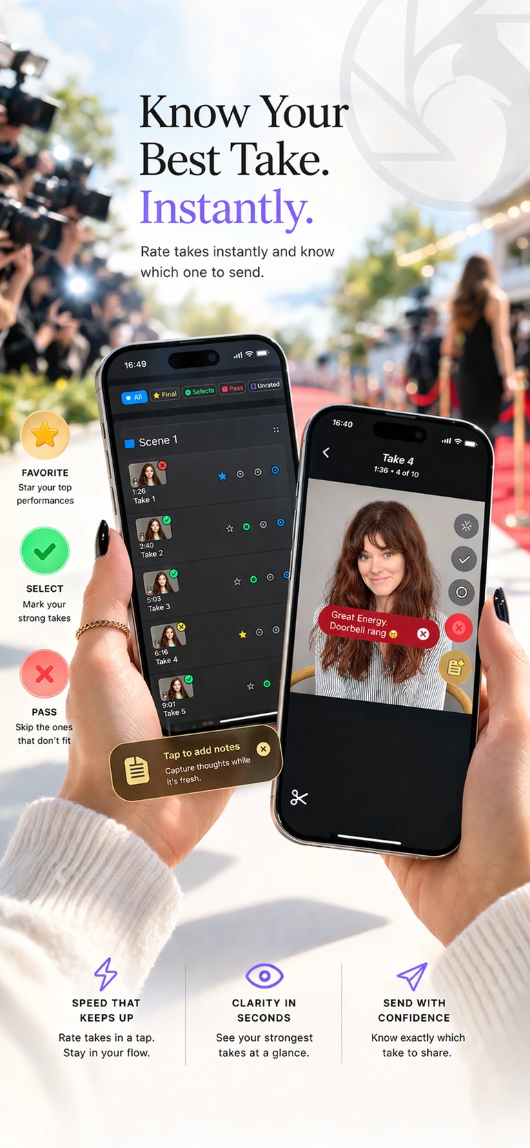 iT Factor take review marketing image showing rating and selection workflow on iPhone
