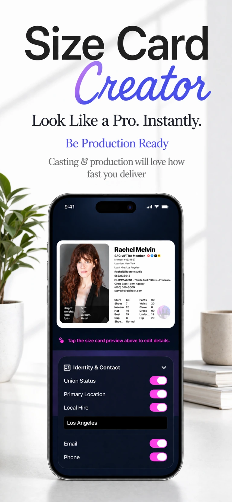 Size Card Creator marketing image showing instant professional size card creation